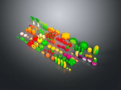 Vibrant Colorful Fresh Vegetables And Fruits Arranged In Gradient Pattern On Dark Background 3d model