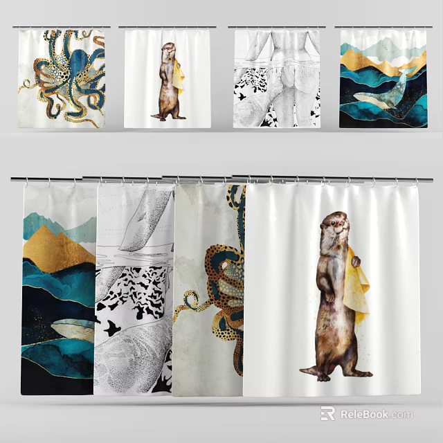 Stylish Bathroom Shower Curtains With Various Animal And Mountain Patterns 3d model 