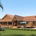 Wooden Single Family House With Gray Roof Porch Green Umbrella And Outdoor Dining Set