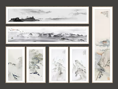 Traditional Chinese Landscape Paintings With Ink Wash Mountains Rivers Scroll And Vertical Format 3d model