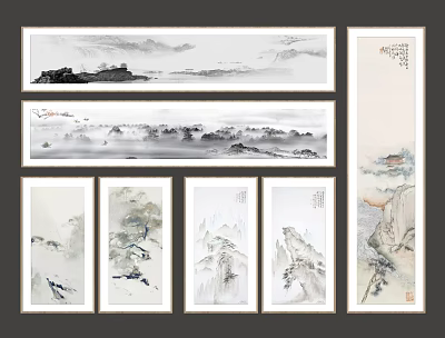 Traditional Chinese Landscape Paintings With Ink Wash Mountains Rivers Scroll And Vertical Format 3d model