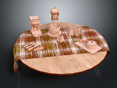 Stylish Tabletop Living Essentials Including Coffee Maker Blender Napkins Cutlery And Teacup On Checkered Tablecloth 3d model