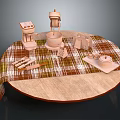 Stylish Tabletop Living Essentials Including Coffee Maker Blender Napkins Cutlery And Teacup On Checkered Tablecloth