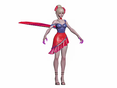 Fantasy Female Character With Pink Hair Red Bow Red Wings Blue Top And Red Skirt 3d model