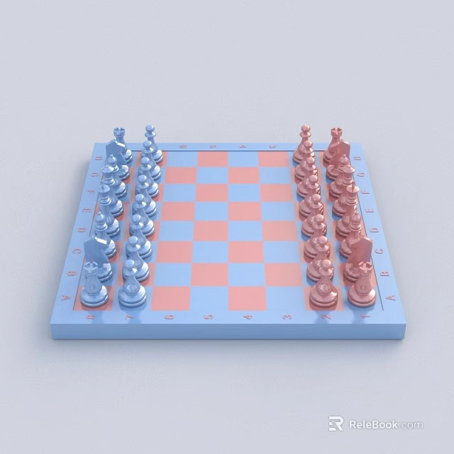 Chess Board Game Entertainment With Blue And Pink Pieces On Checkerboard Pattern 3d model 