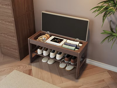Wooden Storage Stool With Open Lid Holding Shoes And Small Items On Shelves 3d model