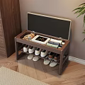 Wooden Storage Stool With Open Lid Holding Shoes And Small Items On Shelves