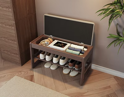 Wooden Storage Stool With Open Lid Holding Shoes And Small Items On Shelves 3d model