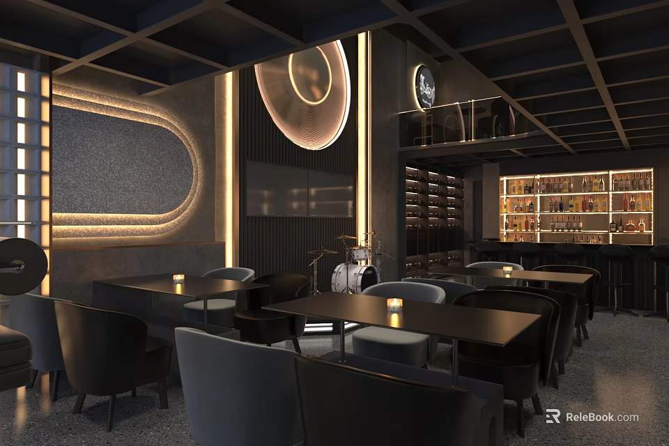 Modern Restaurant Interior With Dark Grid Ceiling Circular Lights Light Strips Black Tables And Chairs 3d model 