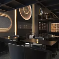 Modern Restaurant Interior With Dark Grid Ceiling Circular Lights Light Strips Black Tables And Chairs