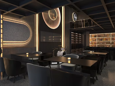 Modern Restaurant Interior With Dark Grid Ceiling Circular Lights Light Strips Black Tables And Chairs 3d model