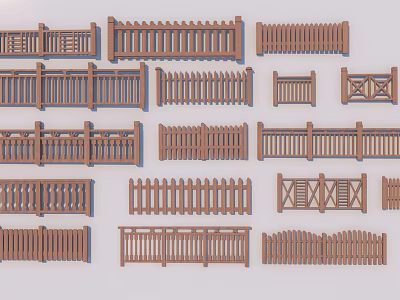 Different Styles of Wooden Railings Featuring Various Design Patterns for Outdoor Areas 3d model
