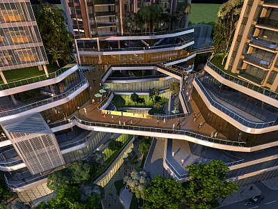 Modern High Rise Residential Complex With Integrated Sky Gardens Connecting Walkways And Lush Greenery 3d model