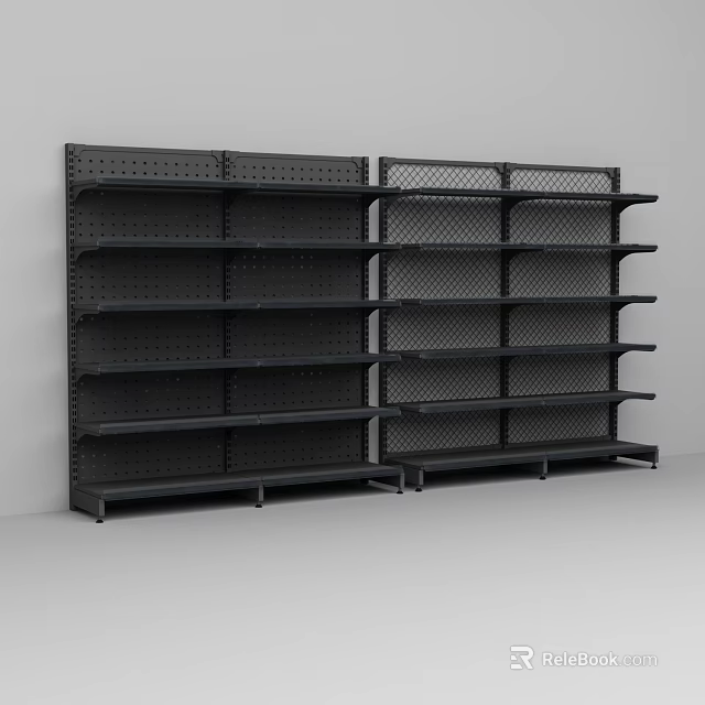 Convenience Store Interior With Black Perforated And Mesh Multiple Tier Shelves 3d model 