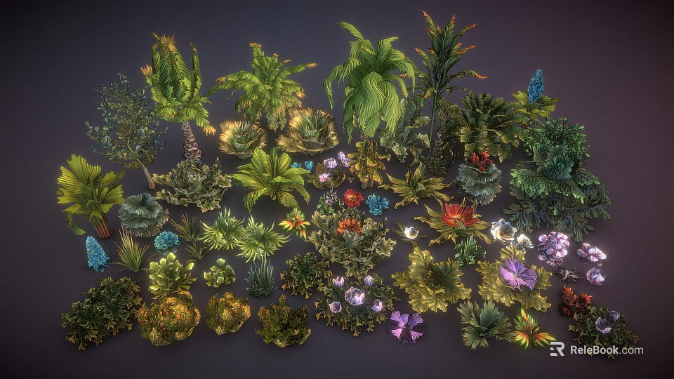 Vibrant Cartoon Scene Showcasing Various Colorful Plants With Diverse Leaves And Flowers 3d model 