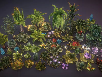 Vibrant Cartoon Scene Showcasing Various Colorful Plants With Diverse Leaves And Flowers 3d model