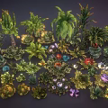 Vibrant Cartoon Scene Showcasing Various Colorful Plants With Diverse Leaves And Flowers