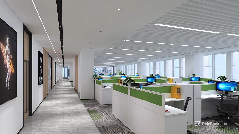 Modern Public Office Space Interior With Cubicles Computers Green Partitions Desks And Bright Windows 3d model