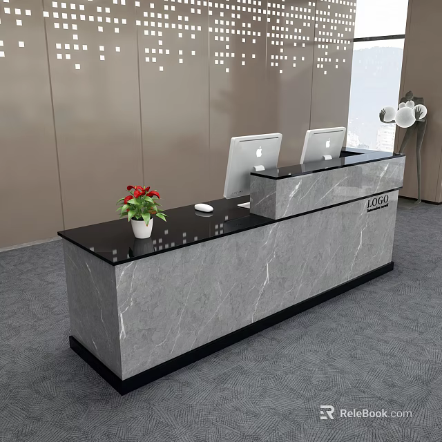 Modern Gray Marble Reception Desk With Mac Computers Red Flowers And White Lamp 3d model