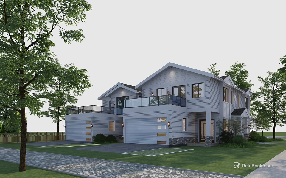 Modern Two Story Single Family Home With White Exterior Attached Garage Front Lawn And Trees 3d model 