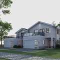 Modern Two Story Single Family Home With White Exterior Attached Garage Front Lawn And Trees