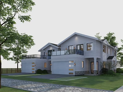 Modern Two Story Single Family Home With White Exterior Attached Garage Front Lawn And Trees 3d model