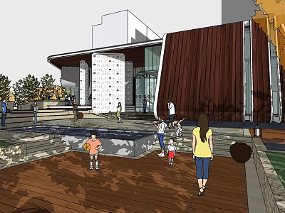 Modern Commercial Landscape Design With Wooden Facade Glass Structure And Outdoor Plaza 3d model