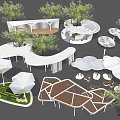 Modern Garden Landscape Design With Curved White Structures Trees And Greenery 3d model