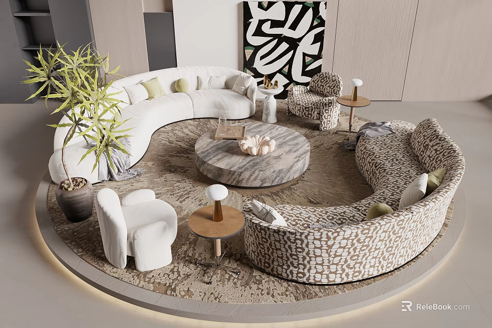 Irregular Shaped Sofa In Living Room With Round Marble Coffee Table And Potted Plant 3d model 