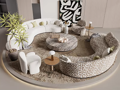 Irregular Shaped Sofa In Living Room With Round Marble Coffee Table And Potted Plant 3d model