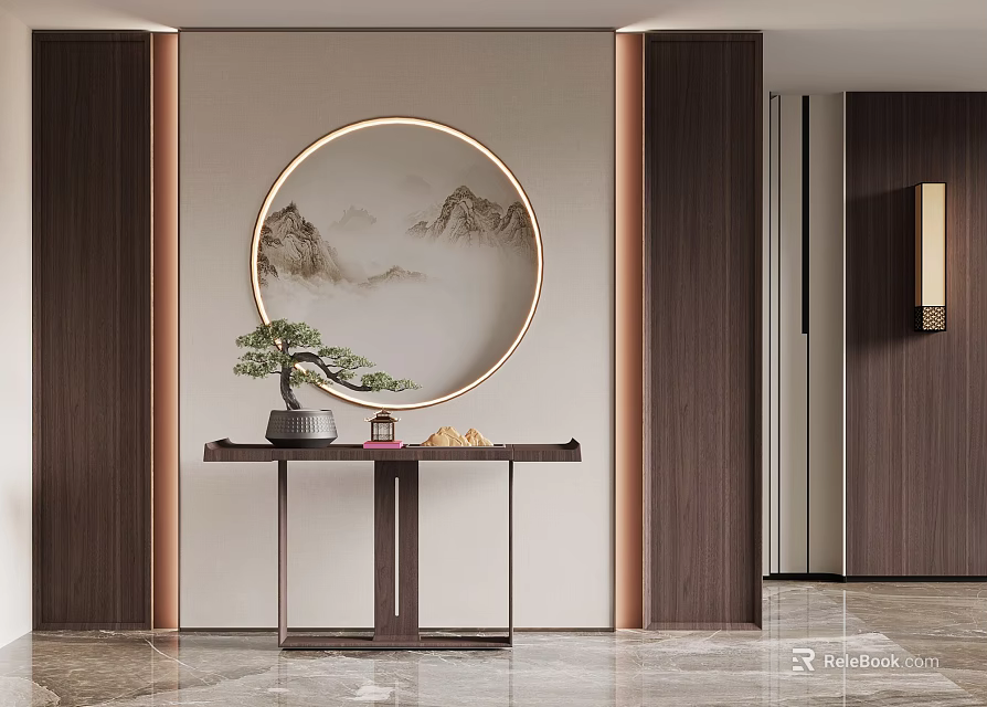 Modern Chinese Entryway Background Wall With Circular Landscape Painting Golden Frame And Wooden Side Panels 3d model 