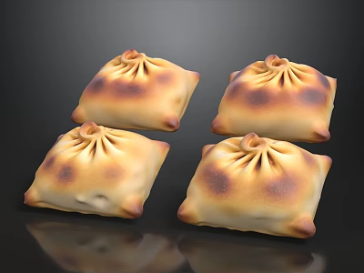 Four Delicious Steamed Buns With Charred Surface On Black Background And Reflection 3d model