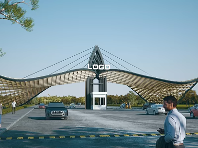 Modern Entrance Gate Featuring Curved Wooden Structure Logo Pillar Cars Green Trees And Blue Sky 3d model