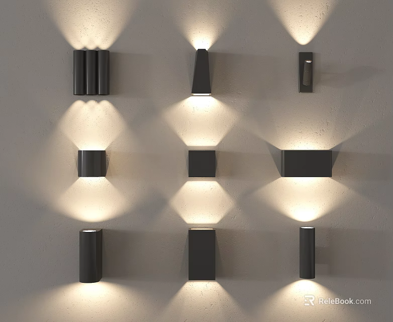 Nine Black Wall Lamps With Different Designs Illuminating Light Wall And Casting Shadows 3d model 