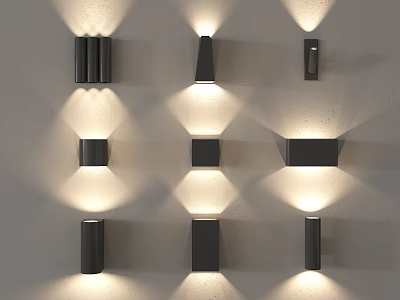 Nine Black Wall Lamps With Different Designs Illuminating Light Wall And Casting Shadows 3d model