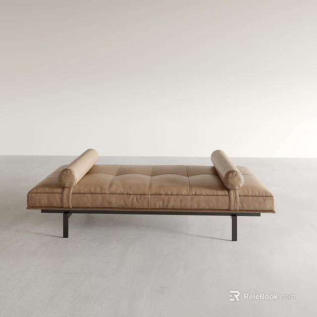 Modern Minimalist Beige Upholstered Chaise Lounge with Cylindrical Headrest and Black Metal Legs 3d model 