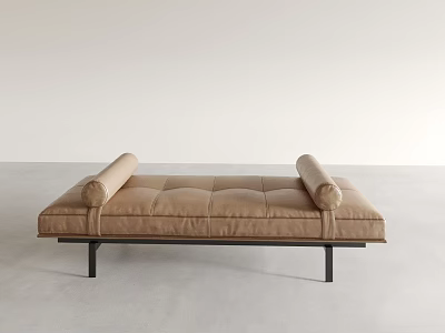 Modern Minimalist Beige Upholstered Chaise Lounge with Cylindrical Headrest and Black Metal Legs 3d model