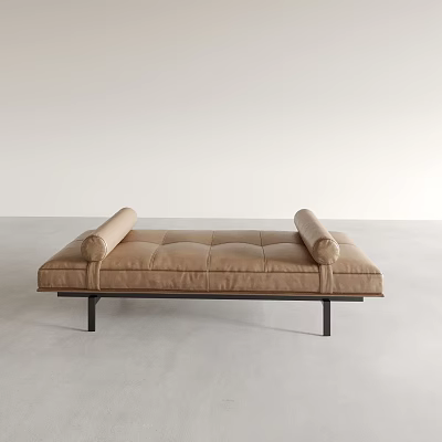 Modern Minimalist Beige Upholstered Chaise Lounge with Cylindrical Headrest and Black Metal Legs 3d model