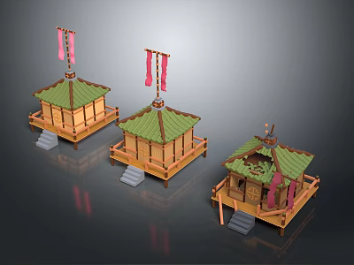 Cartoon Scenery With Three Traditional Style Wooden Buildings Green Roofs Red Flags And Stone Steps 3d model