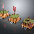 Cartoon Scenery With Three Traditional Style Wooden Buildings Green Roofs Red Flags And Stone Steps