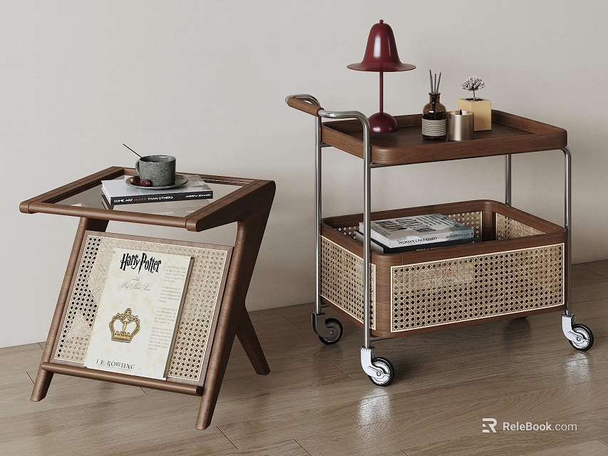 Foldable Wooden Side Table And Wheeled Rattan Storage Cart With Lamp Magazines And Scented Bottles 3d model 