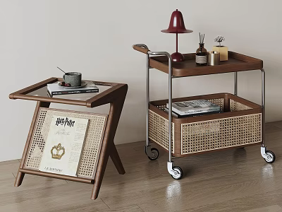 Foldable Wooden Side Table And Wheeled Rattan Storage Cart With Lamp Magazines And Scented Bottles 3d model