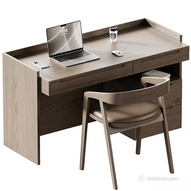 Modern Wooden Desk and Chair Set with Laptop Smartphone Mouse and Cup 3d model 