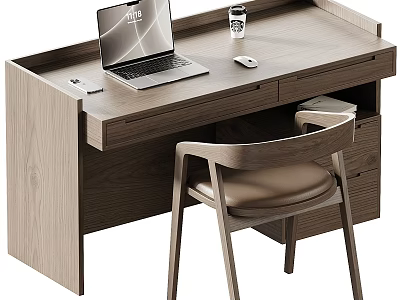 Modern Wooden Desk and Chair Set with Laptop Smartphone Mouse and Cup 3d model