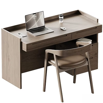 Modern Wooden Desk and Chair Set with Laptop Smartphone Mouse and Cup 3d model