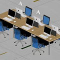 Long Wooden Office Desk With Multiple Computer Monitors And Blue Office Chairs In Workspace