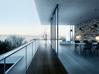 Home Balcony with Wooden Flooring Glass Railing Dining Area Pendant Lights and Natural Water View 3d model
