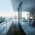 Home Balcony with Wooden Flooring Glass Railing Dining Area Pendant Lights and Natural Water View
