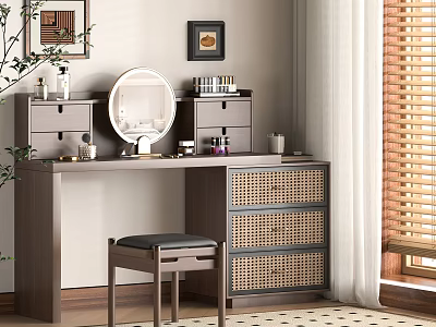 Natural Wood Dressing Table With Round Mirror Woven Baskets And Framed Artwork 3d model