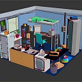 Modern Compact Small Room Interior With Bunk Bed Desk Bookshelf Wardrobe And Computer 3d model